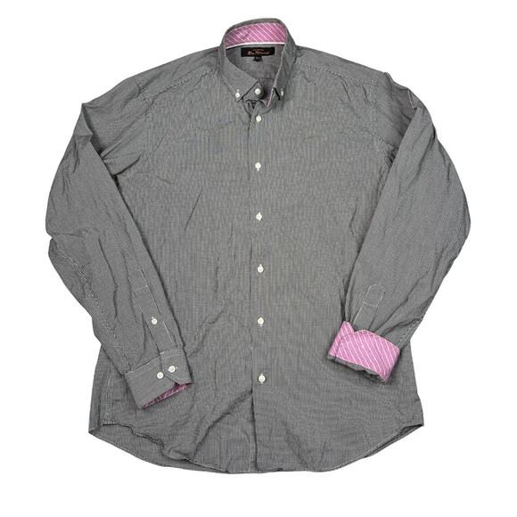 Ben Sherman Gingham Plaid Long Sleeve Button Down Shirt Black 15.5 34/35 Medium - Picture 1 of 6